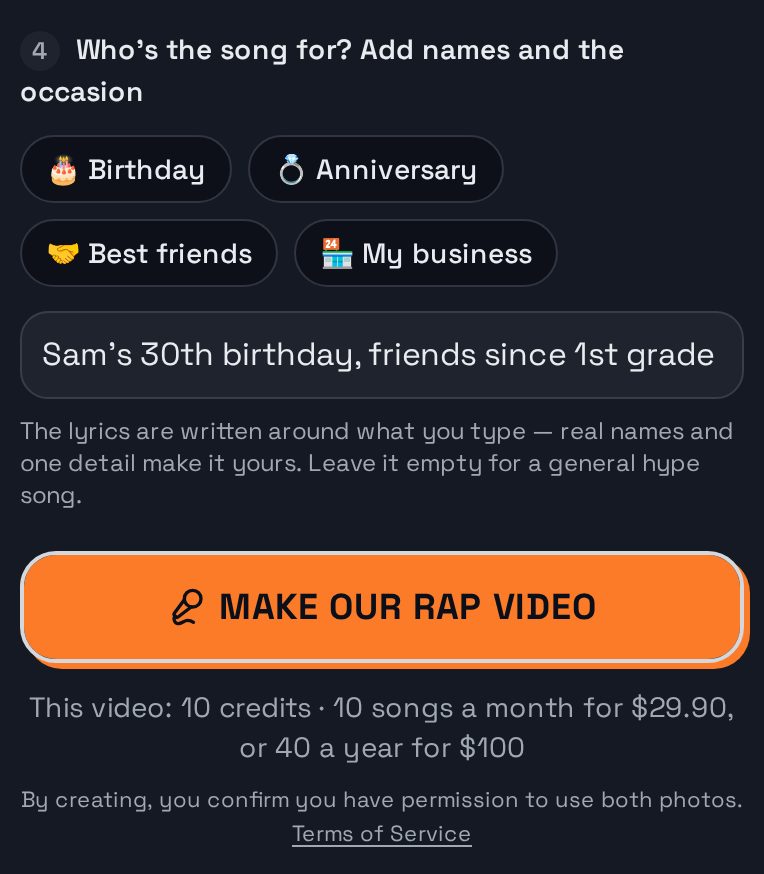 Step 4 in the studio: the topic box filled in with “Sam's 30th birthday, friends since 1st grade” above the Make our rap video button