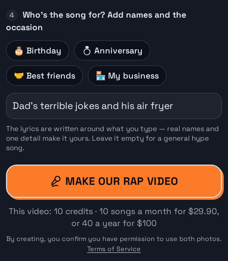 Step 4 in the studio: the topic box filled in with “Dad's terrible jokes and his air fryer” above the Make our rap video button