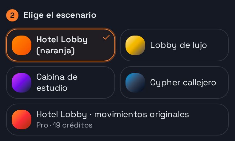Paso 2 en el estudio: los escenarios, con la cabina naranja Hotel Lobby elegida