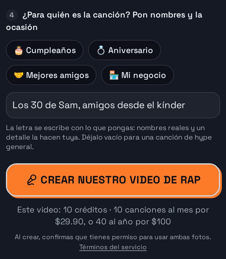 Paso 4 en el estudio: el tema escrito encima del botón para crear el video de rap