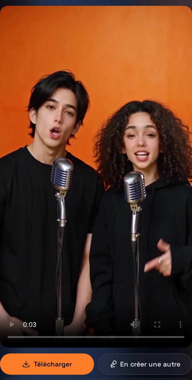 La vidéo terminée dans le studio : les deux personnes des photos qui rappent chacune à son micro dans une cabine orange, avec les boutons Télécharger et Créer une autre