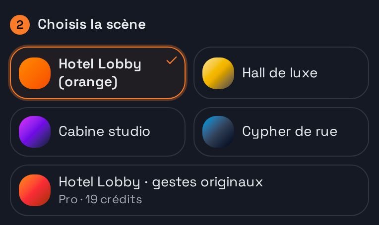 Étape 2 dans le studio : les décors, avec la cabine orange Hotel Lobby sélectionnée