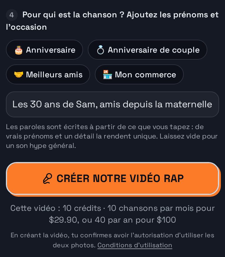 Étape 4 dans le studio : le sujet saisi au-dessus du bouton pour créer la vidéo rap