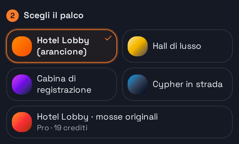 Passo 2 nello studio: le scene, con la cabina arancione Hotel Lobby selezionata