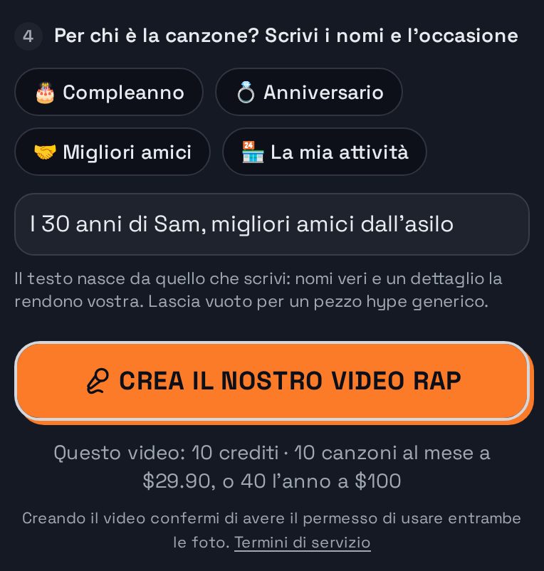 Passo 4 nello studio: l’argomento scritto sopra il pulsante per creare il video rap