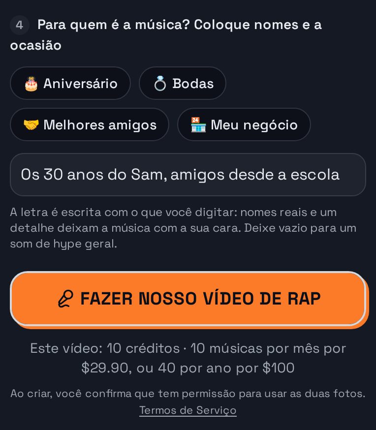 Passo 4 no estúdio: o tema escrito acima do botão para criar o vídeo de rap
